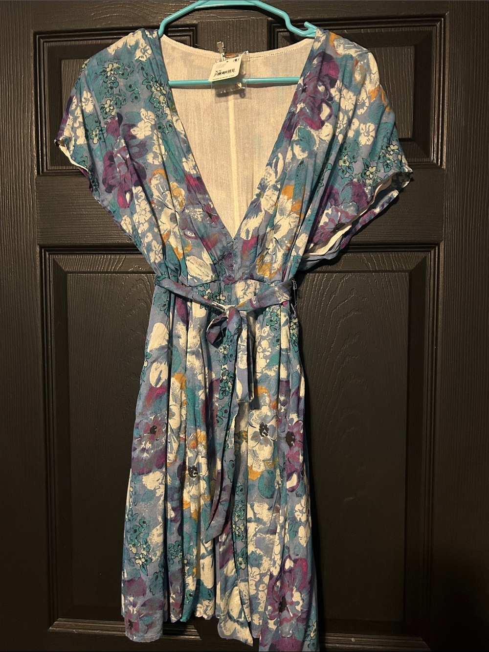 NWT Free People Freddy Tie Waist Mini Blue Floral Dress, XS